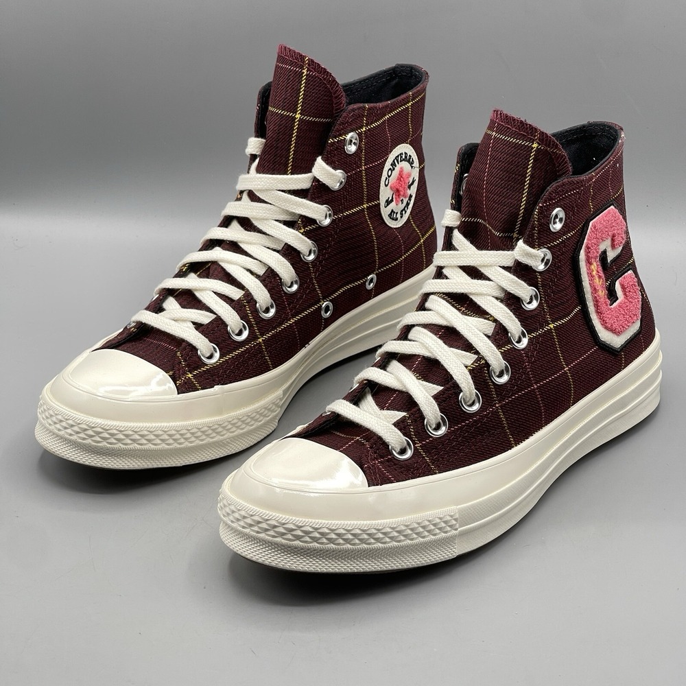Converse Womens 10.5 Sneakers Platform Red Burgundy Plaid Tartan Chuck 70